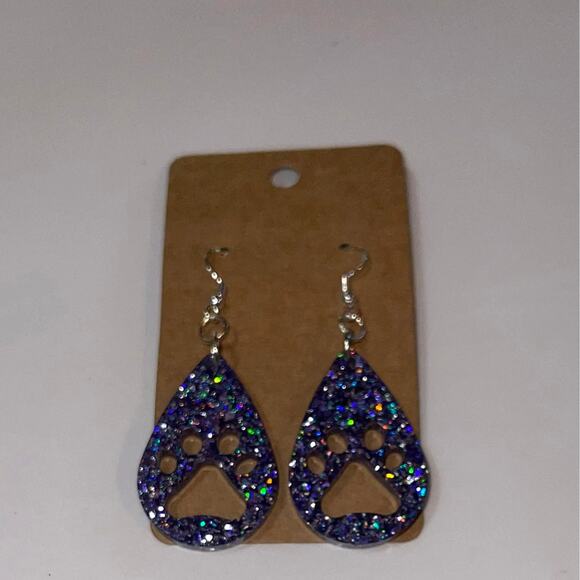 Handmade epoxy resin paw print earrings - greyish-purple glitter - Picture 2 of 4